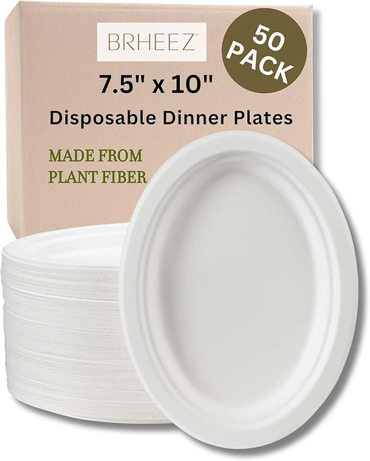 7.5" x 10" Disposable Oval Dinner Plates | 100% Natural Sugarcane Bagasse Fiber | Biodegradable & Compostable Plates