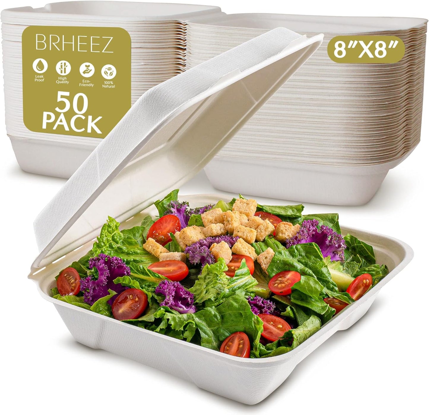 8" x 8" To-Go Containers | 100% Natural Sugarcane Bagasse Fiber | Biodegradable & Compostable Takeout Containers, White