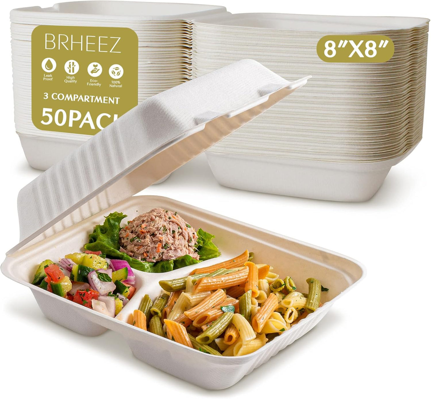 8" x 8" - 3 Compartment To-Go Containers | 100% Natural Sugarcane Bagasse Fiber | Biodegradable & Compostable Takeout Containers, White (Copy)