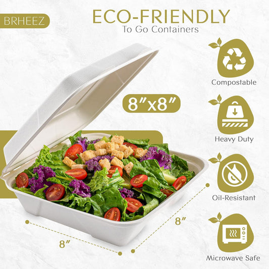 8" x 8" To-Go Containers | 100% Natural Sugarcane Bagasse Fiber | Biodegradable & Compostable Takeout Containers, White
