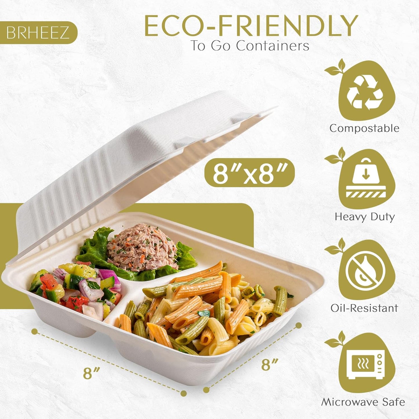 8" x 8" - 3 Compartment To-Go Containers | 100% Natural Sugarcane Bagasse Fiber | Biodegradable & Compostable Takeout Containers, White (Copy)