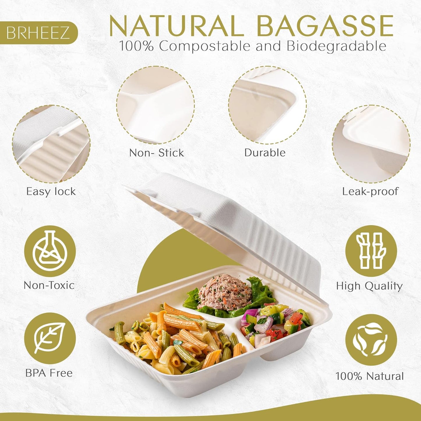 8" x 8" - 3 Compartment To-Go Containers | 100% Natural Sugarcane Bagasse Fiber | Biodegradable & Compostable Takeout Containers, White (Copy)