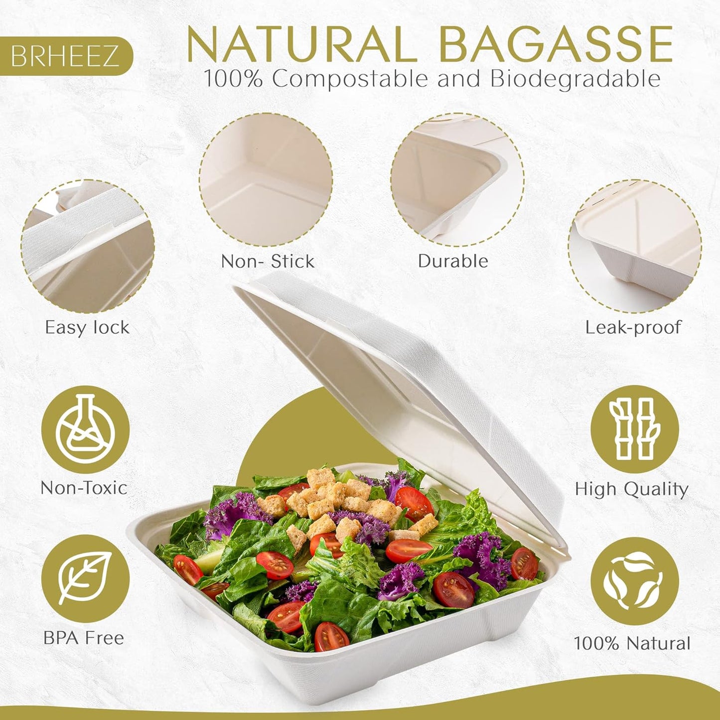 8" x 8" To-Go Containers | 100% Natural Sugarcane Bagasse Fiber | Biodegradable & Compostable Takeout Containers, White