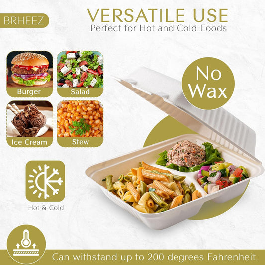 8" x 8" - 3 Compartment To-Go Containers | 100% Natural Sugarcane Bagasse Fiber | Biodegradable & Compostable Takeout Containers, White (Copy)