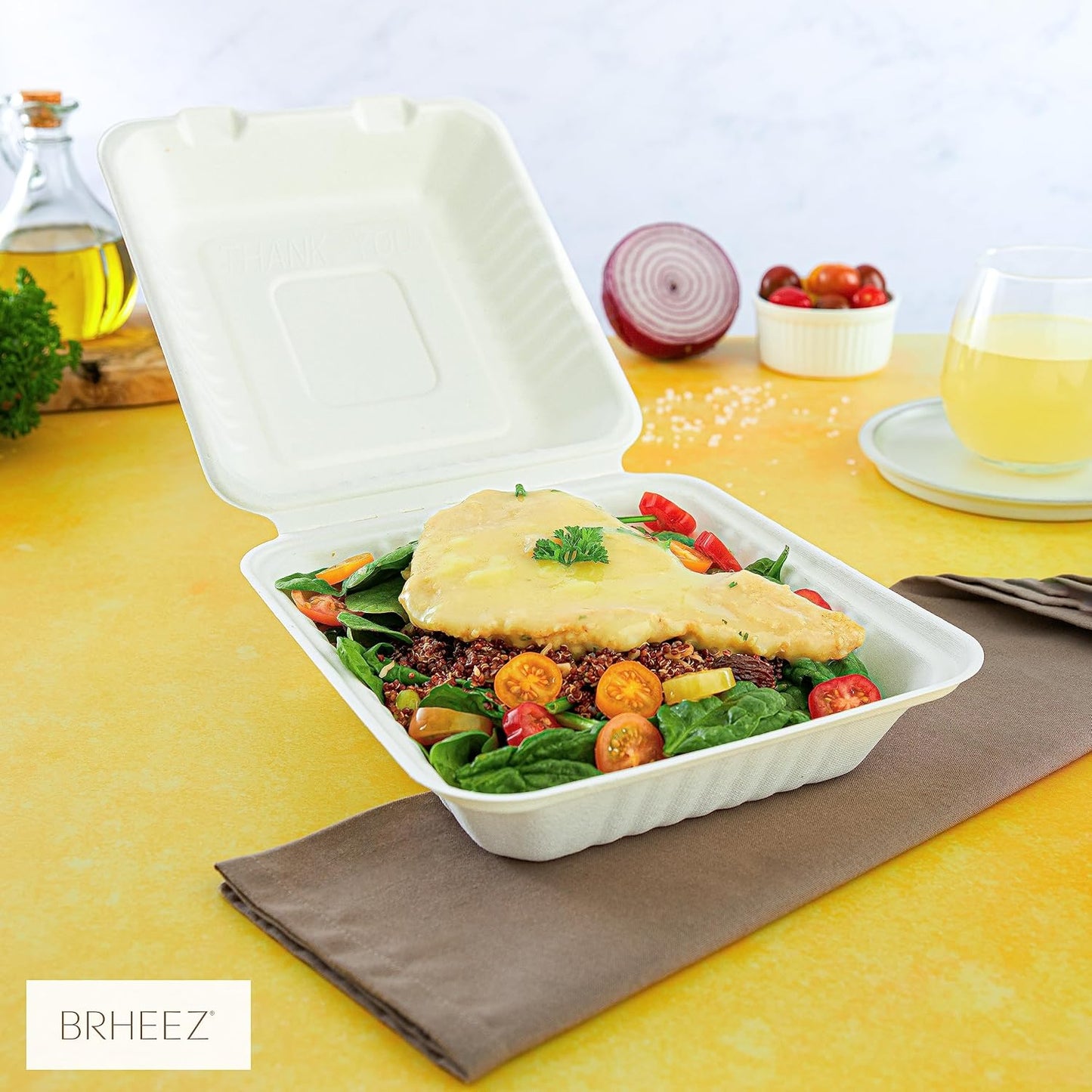 8" x 8" To-Go Containers | 100% Natural Sugarcane Bagasse Fiber | Biodegradable & Compostable Takeout Containers, White
