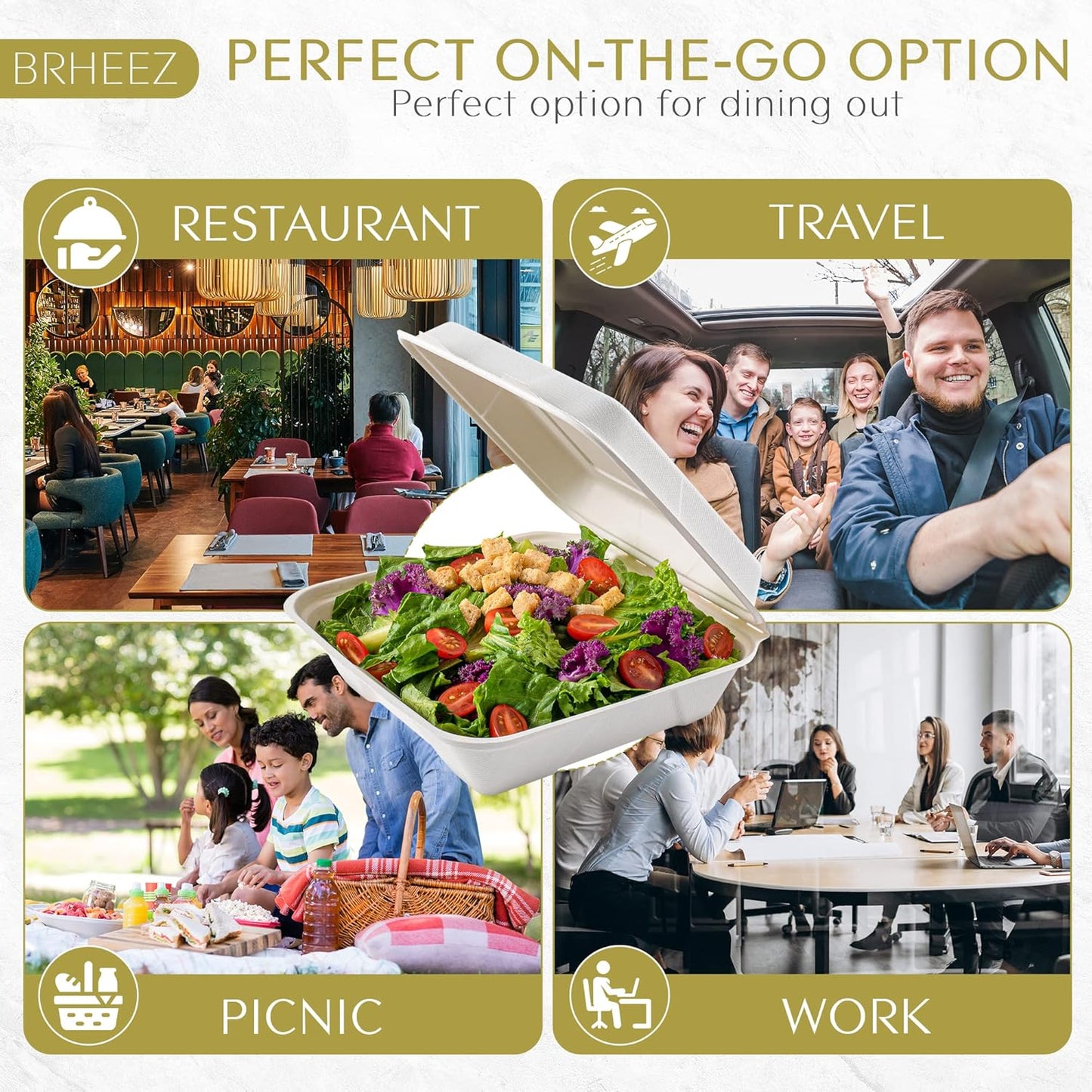 8" x 8" To-Go Containers | 100% Natural Sugarcane Bagasse Fiber | Biodegradable & Compostable Takeout Containers, White