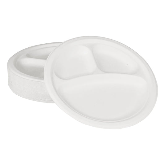 9" - 3 Compartment Disposable Round Plate | 100% Natural Sugarcane Bagasse Fiber | Biodegradable & Compostable Plate