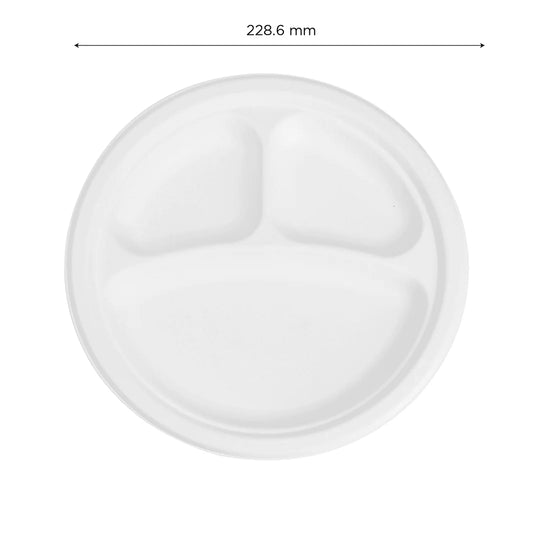 9" - 3 Compartment Disposable Round Plate | 100% Natural Sugarcane Bagasse Fiber | Biodegradable & Compostable Plate