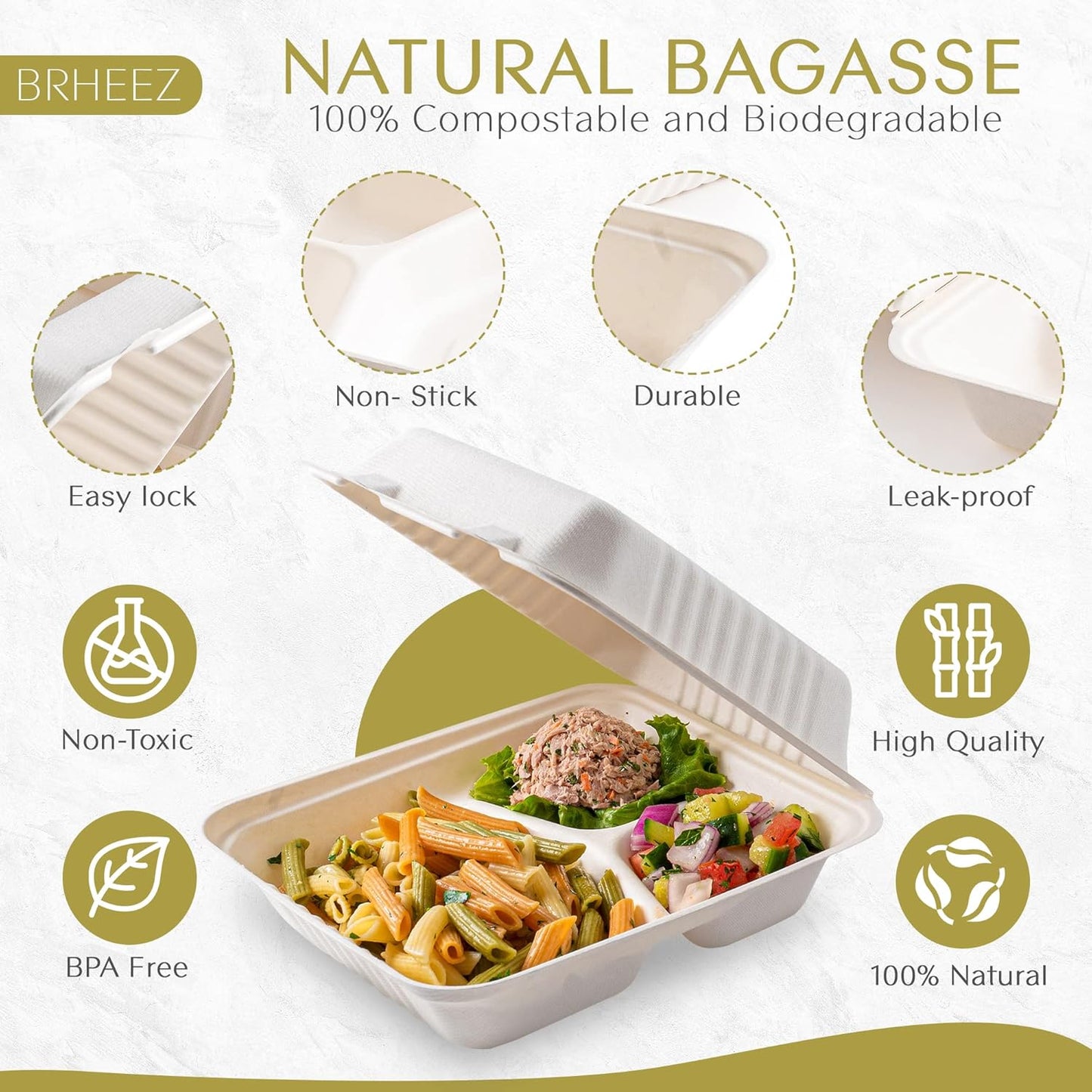 9" x 9" - 3 Compartment To-Go Containers | 100% Natural Sugarcane Bagasse Fiber | Biodegradable & Compostable Takeout Containers, White