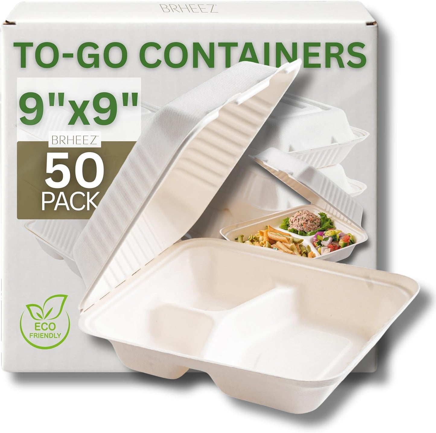 9" x 9" - 3 Compartment To-Go Containers | 100% Natural Sugarcane Bagasse Fiber | Biodegradable & Compostable Takeout Containers, White