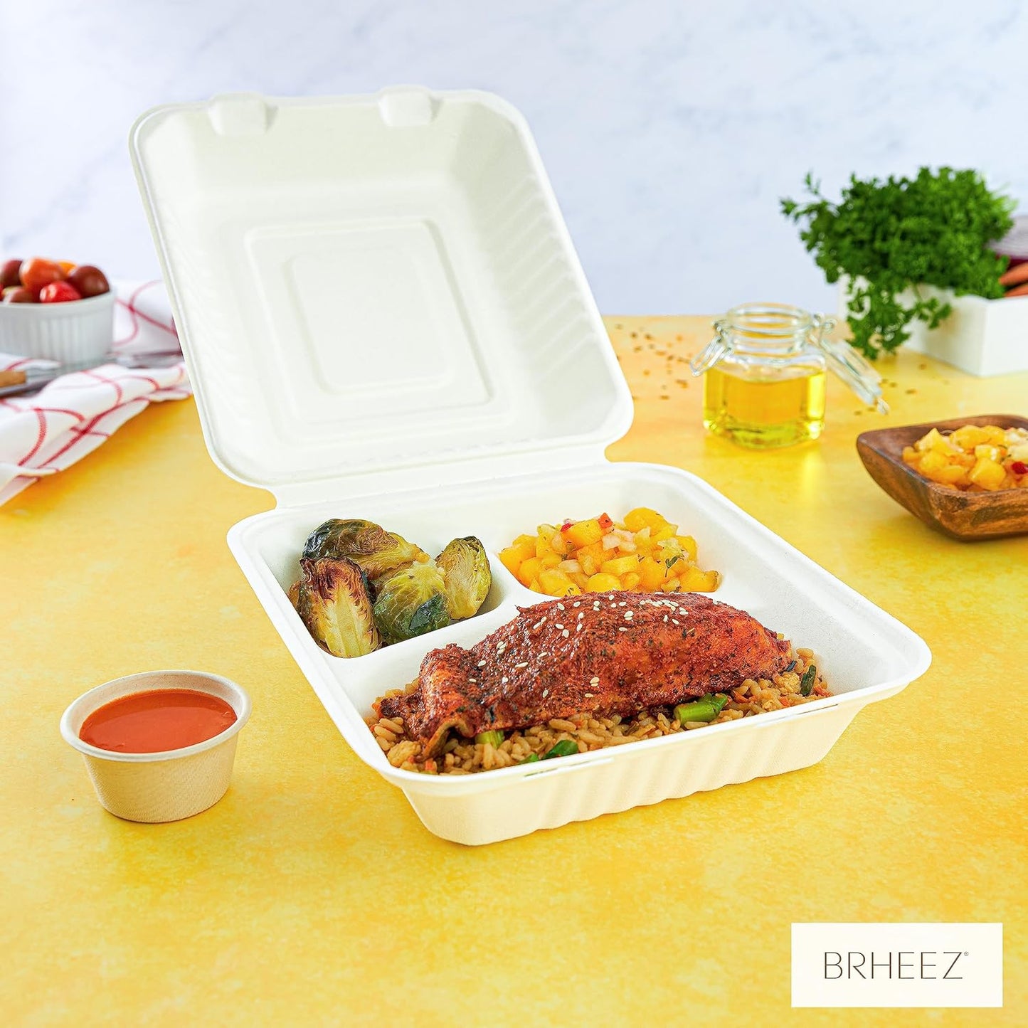 9" x 9" - 3 Compartment To-Go Containers | 100% Natural Sugarcane Bagasse Fiber | Biodegradable & Compostable Takeout Containers, White