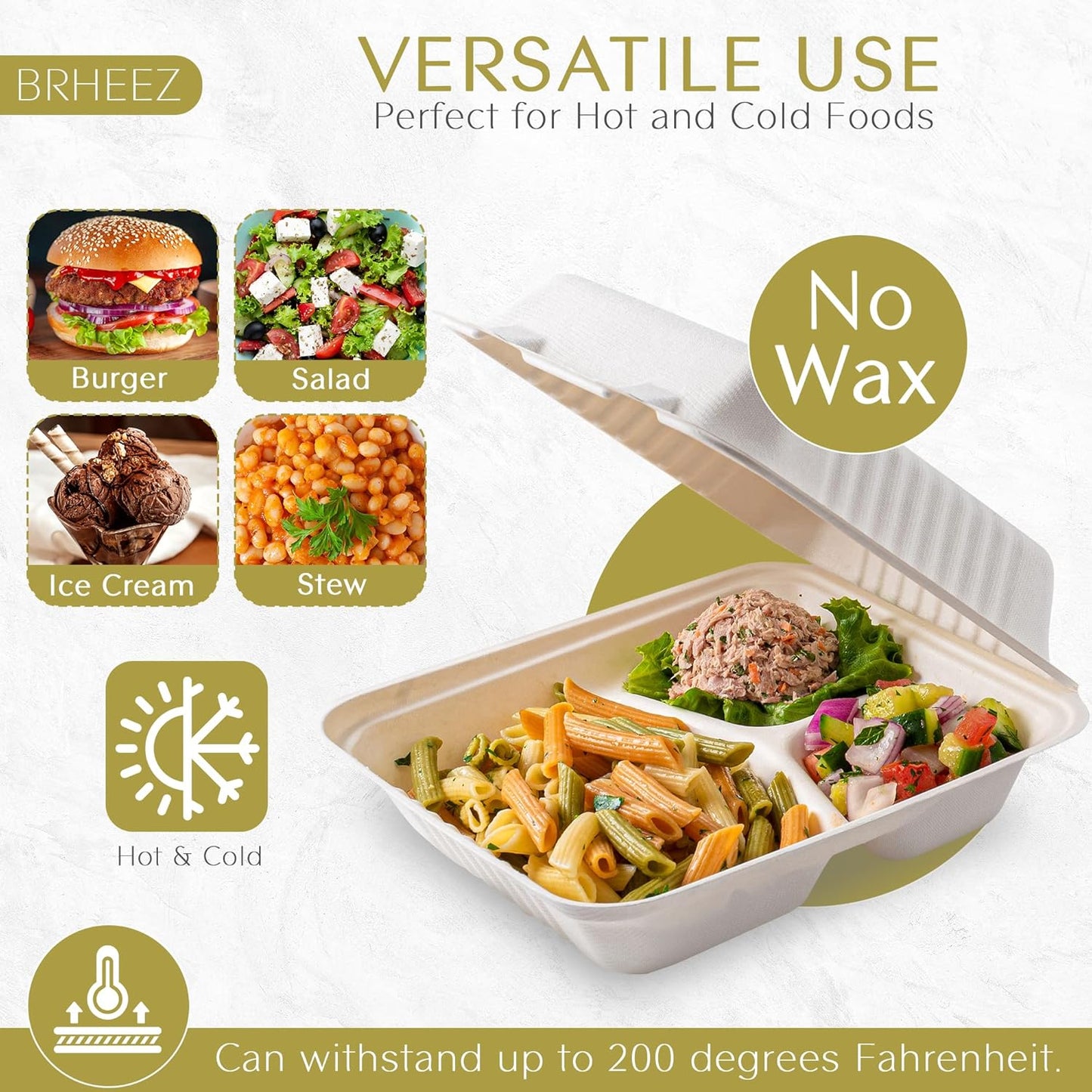 9" x 9" - 3 Compartment To-Go Containers | 100% Natural Sugarcane Bagasse Fiber | Biodegradable & Compostable Takeout Containers, White
