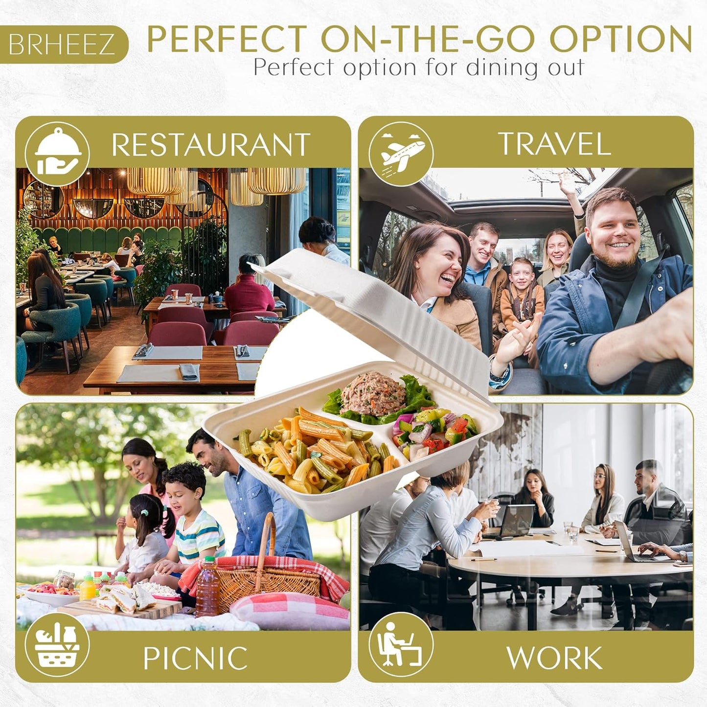 9" x 9" - 3 Compartment To-Go Containers | 100% Natural Sugarcane Bagasse Fiber | Biodegradable & Compostable Takeout Containers, White