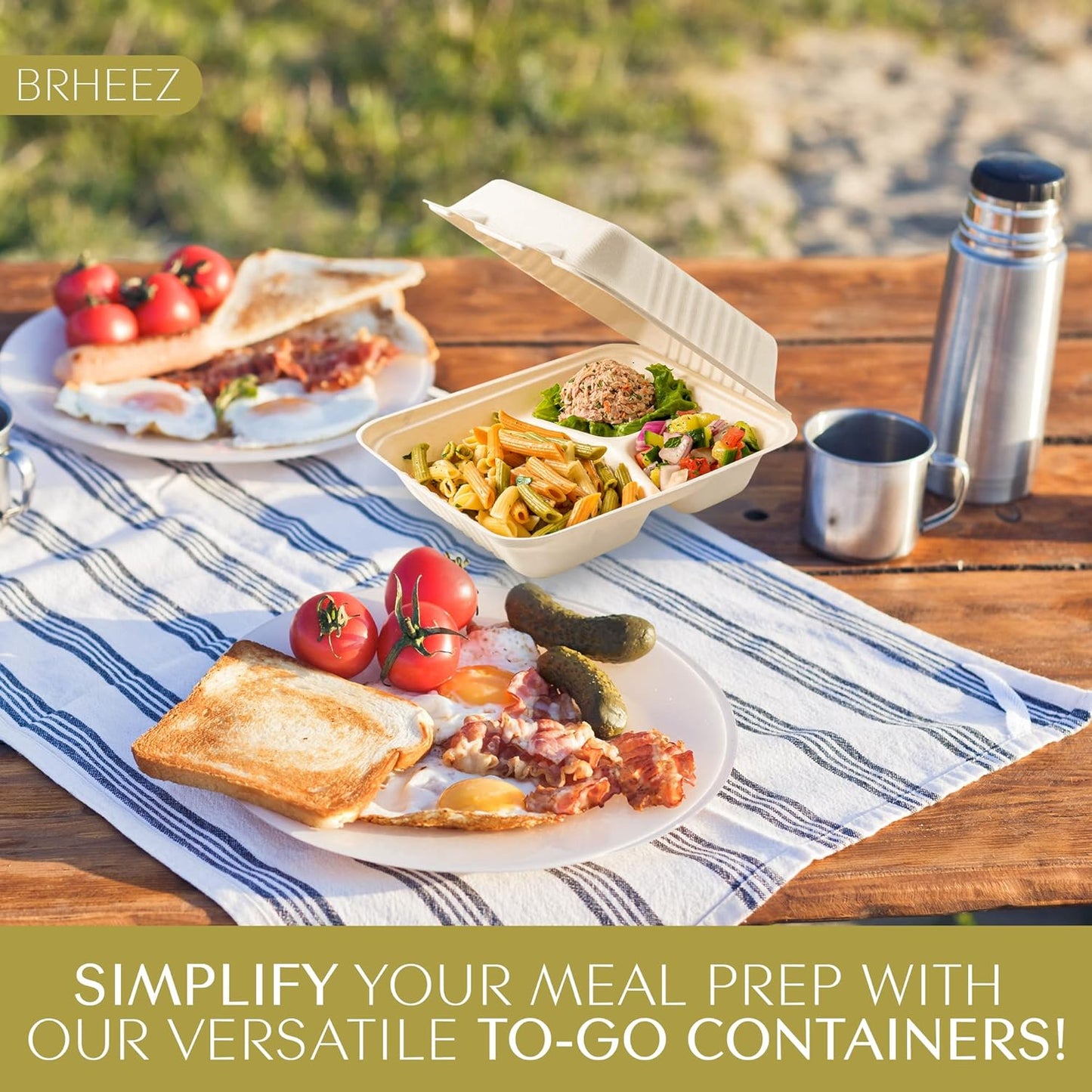 9" x 9" - 3 Compartment To-Go Containers | 100% Natural Sugarcane Bagasse Fiber | Biodegradable & Compostable Takeout Containers, White