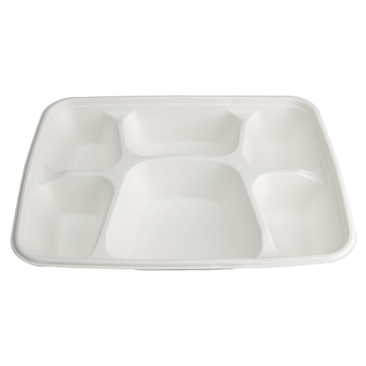 6 Compartment Disposable Meal Tray | 100% Natural Sugarcane Bagasse Fiber | Biodegradable & Compostable Meal Tray, White