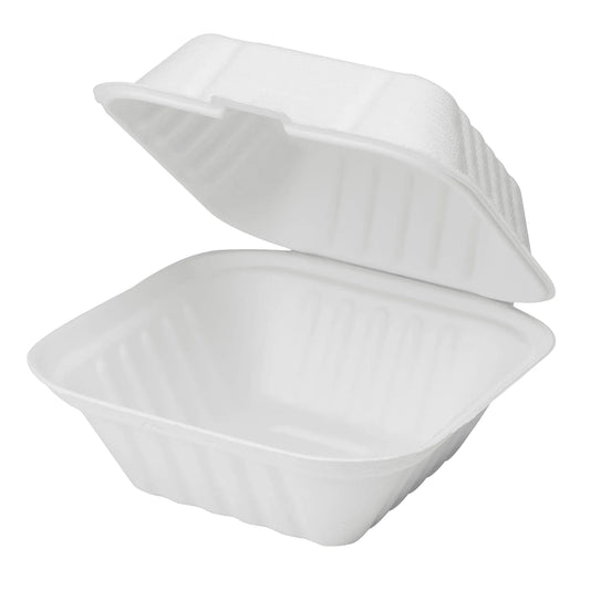6" x 6" To-Go Containers | 100% Natural Sugarcane Bagasse Fiber | Biodegradable & Compostable Takeout Containers, White