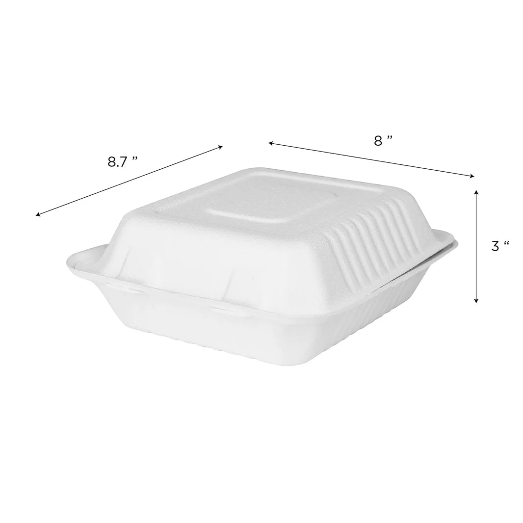 8" x 8" To-Go Containers | 100% Natural Sugarcane Bagasse Fiber | Biodegradable & Compostable Takeout Containers, White
