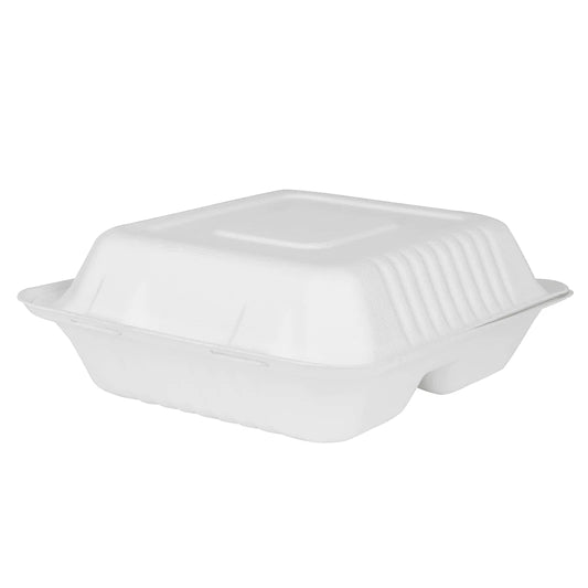 8" x 8" - 3 Compartment To-Go Containers | 100% Natural Sugarcane Bagasse Fiber | Biodegradable & Compostable Takeout Containers, White