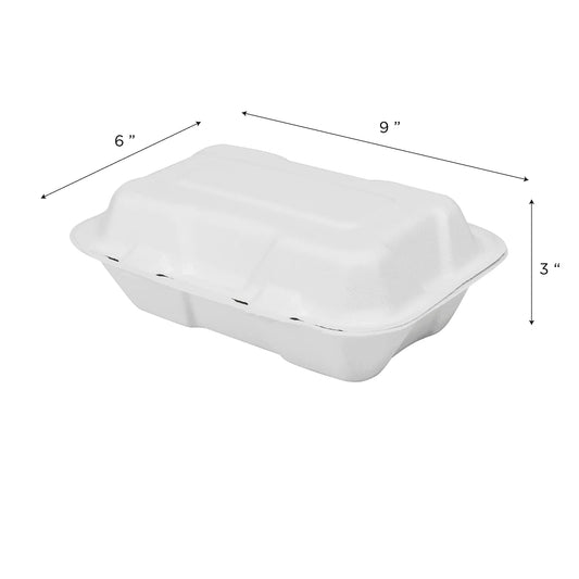 9" x 6" To-Go Containers | 100% Natural Sugarcane Bagasse Fiber | Biodegradable & Compostable Takeout Containers, White