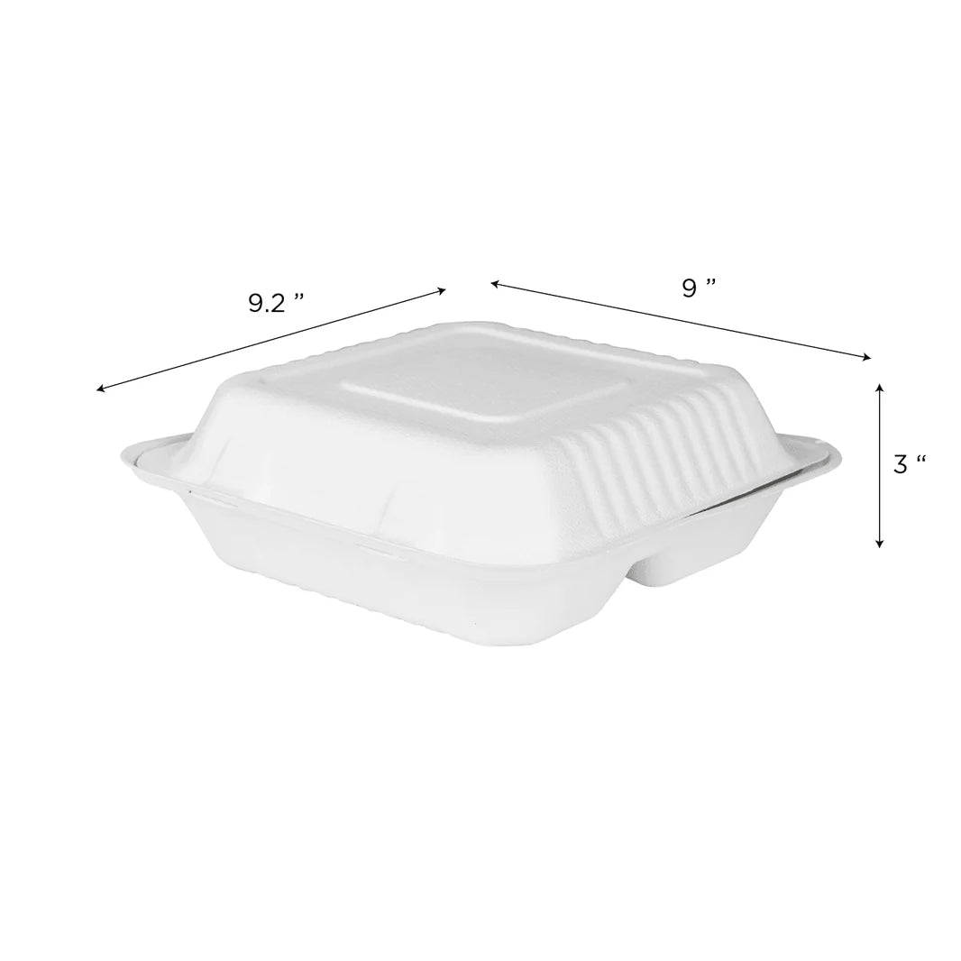 9" x 9" - 3 Compartment To-Go Containers | 100% Natural Sugarcane Bagasse Fiber | Biodegradable & Compostable Takeout Containers, White