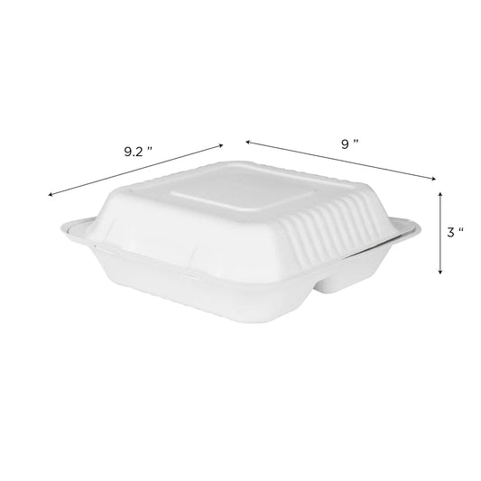9" x 9" - 3 Compartment To-Go Containers | 100% Natural Sugarcane Bagasse Fiber | Biodegradable & Compostable Takeout Containers, White
