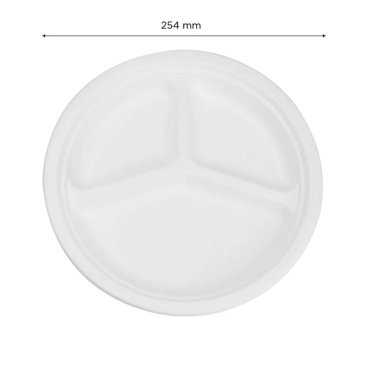 10" - 3 Compartment Disposable Round Plate | 100% Natural Sugarcane Bagasse Fiber | Biodegradable & Compostable Plate