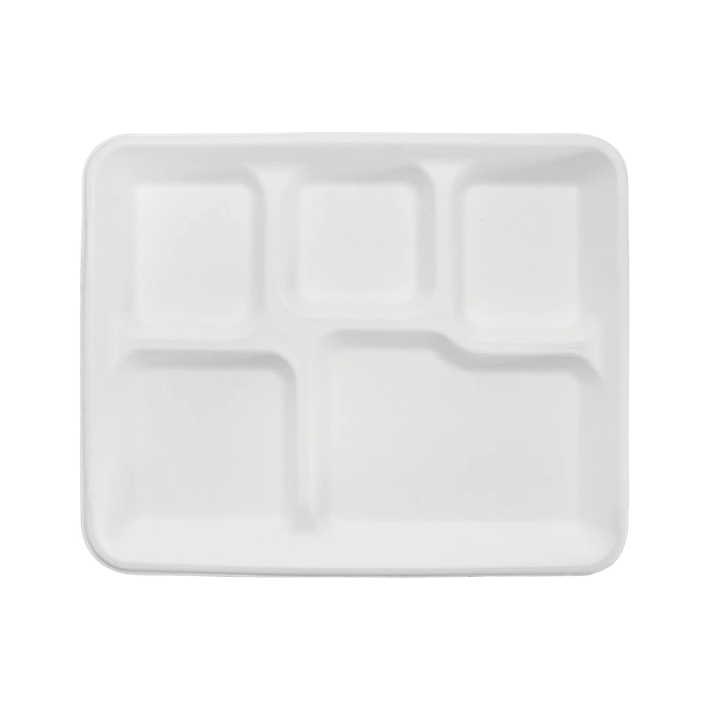 (250/Count) 5 Compartment Compostable Bagasse Shallow Meal Trays, PFAS Free, White
