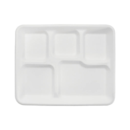 (250/Count) 5 Compartment Compostable Bagasse Shallow Meal Trays, PFAS Free, White