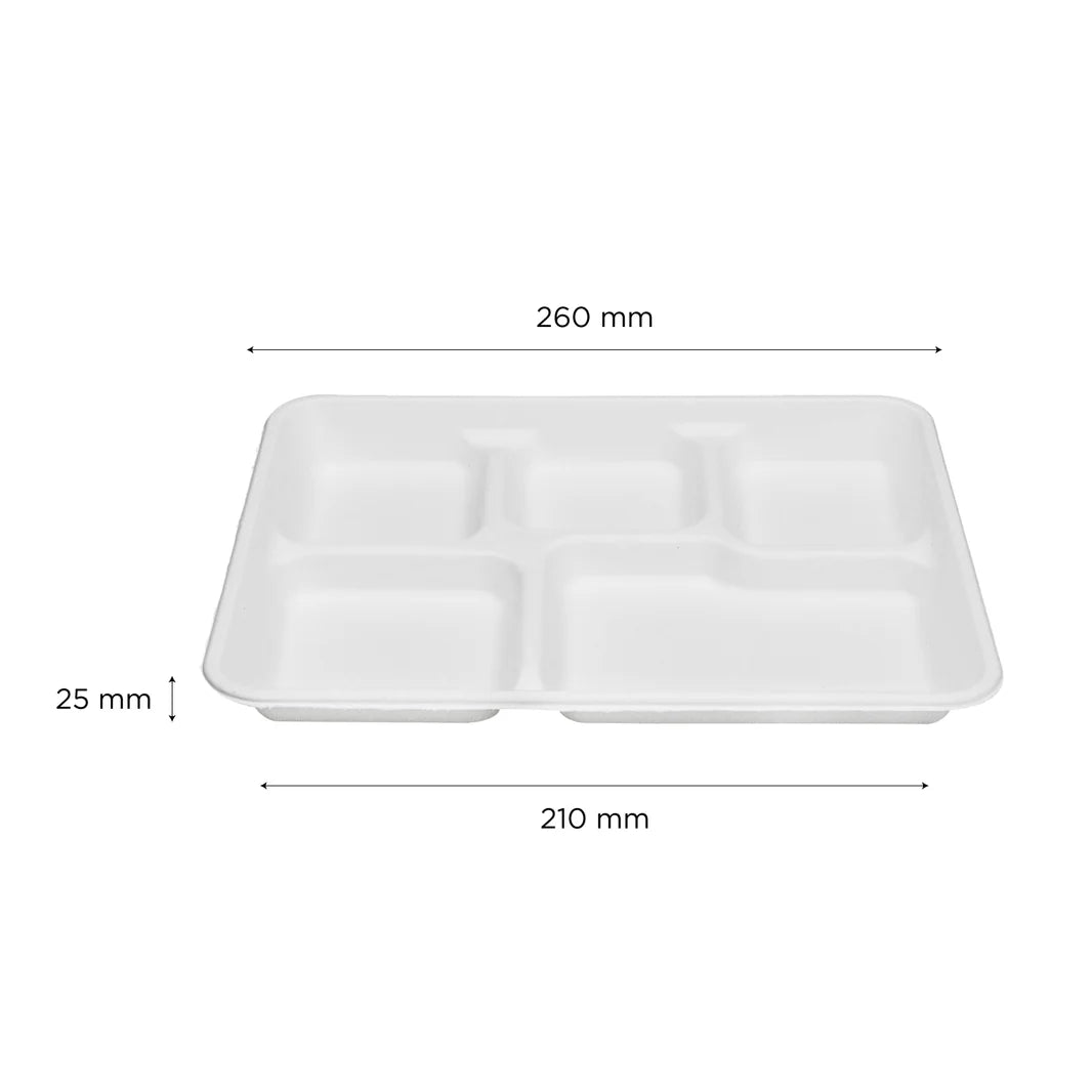 (250/Count) 5 Compartment Compostable Bagasse Shallow Meal Trays, PFAS Free, White