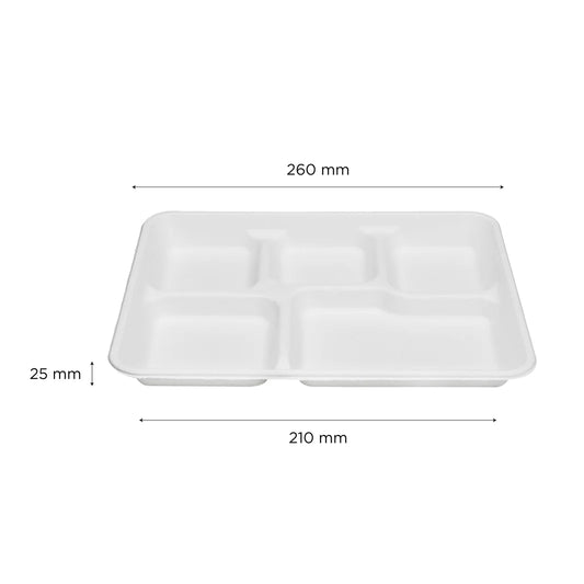 (250/Count) 5 Compartment Compostable Bagasse Shallow Meal Trays, PFAS Free, White