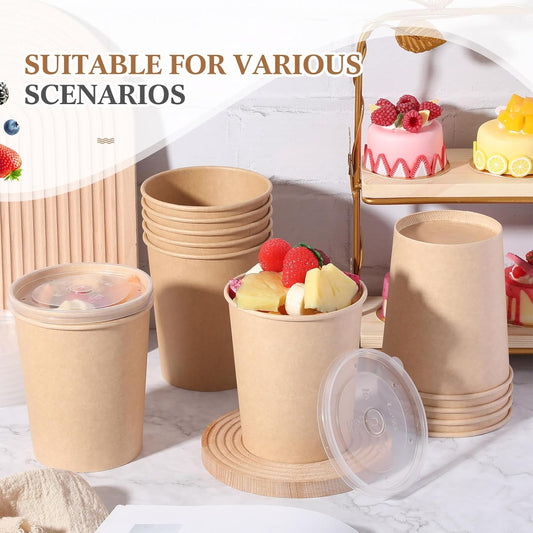 32 oz kraft Paper Food/Soup Cup with Clear Plastic Vented Lids