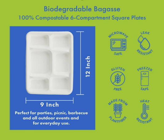 6 Compartment Disposable Meal Tray | 100% Natural Sugarcane Bagasse Fiber | Biodegradable & Compostable Meal Tray, White