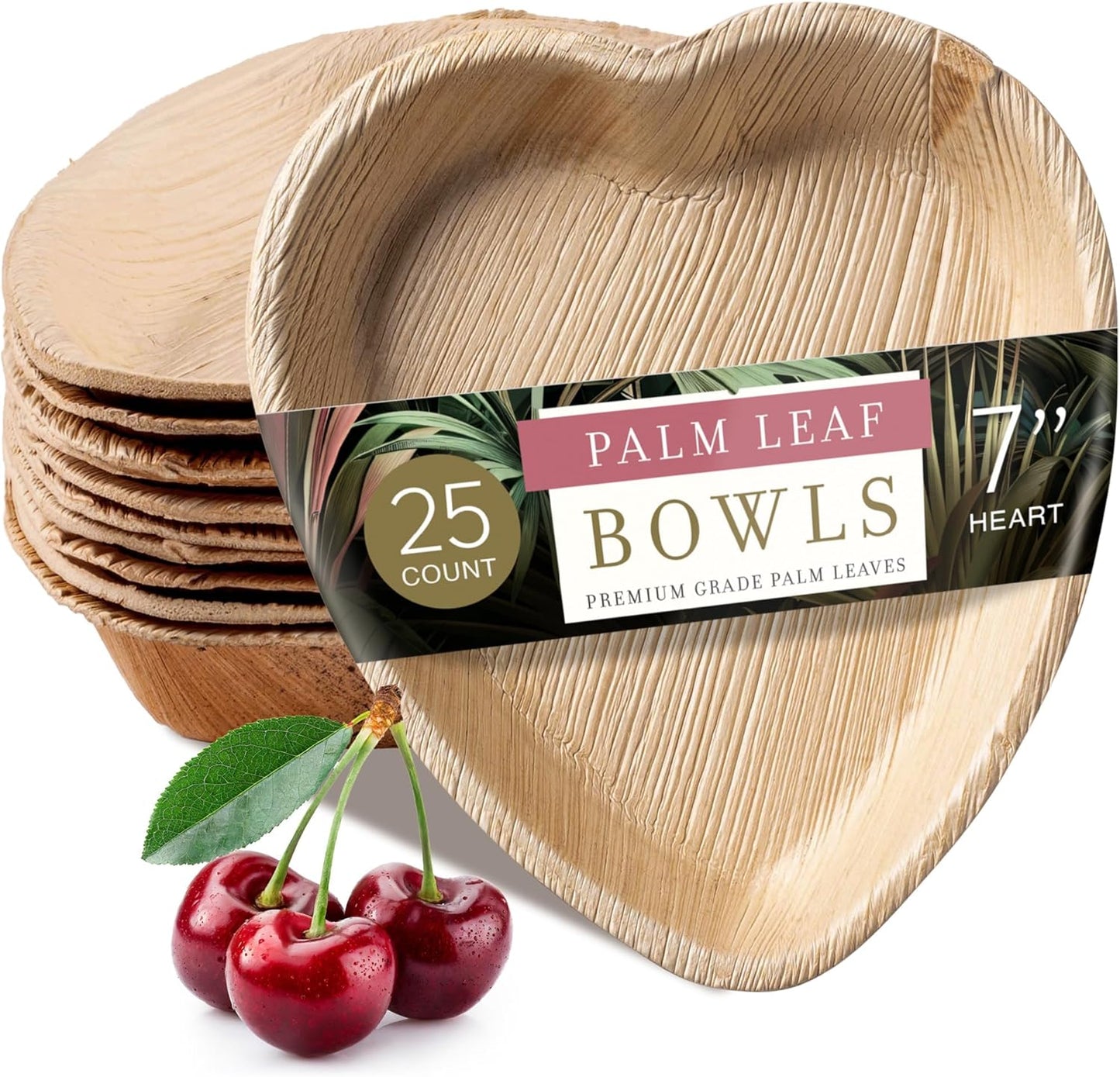 7" Disposable Areca Palm Leaf Heart Shaped Bowls - Natural Color - Elegant Sturdy - Biodegradable and Compostable