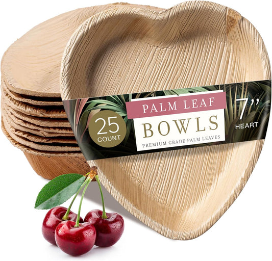 7" Disposable Areca Palm Leaf Heart Shaped Bowls - Natural Color - Elegant Sturdy - Biodegradable and Compostable