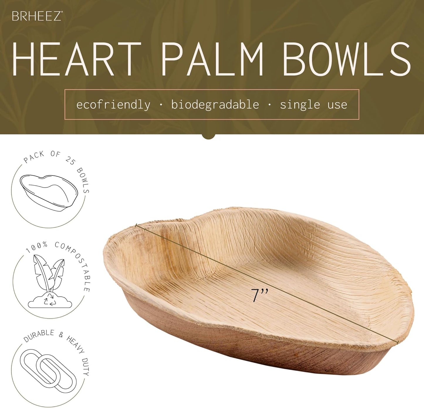 7" Disposable Areca Palm Leaf Heart Shaped Bowls - Natural Color - Elegant Sturdy - Biodegradable and Compostable