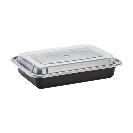 28 oz. Black Rectangular Microwavable Container with Clear Lid