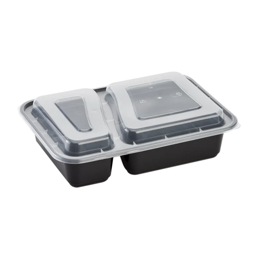 30oz - 2 Compartment Black Rectangular Microwavable Container with Clear Lid