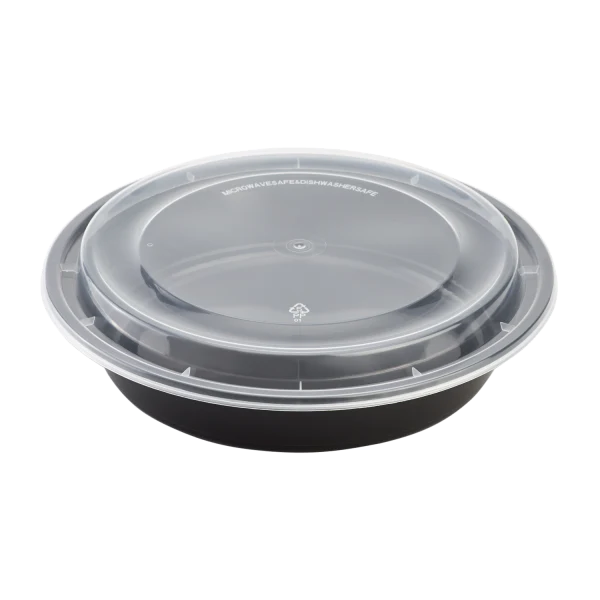 48 oz. Black Round Microwavable Container with Clear Lid