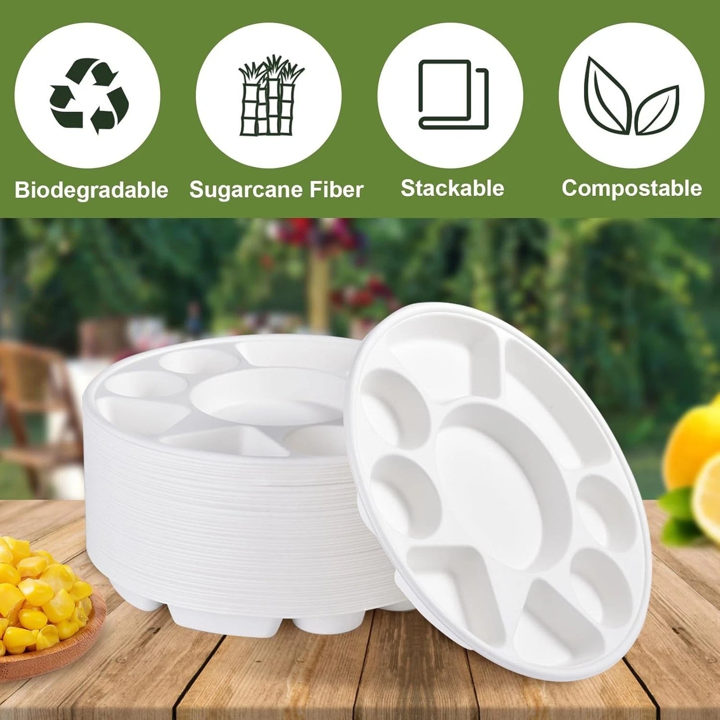 9 Compartment Disposable Meal Tray | 100% Natural Sugarcane Bagasse Fiber | Biodegradable & Compostable Meal Tray, White